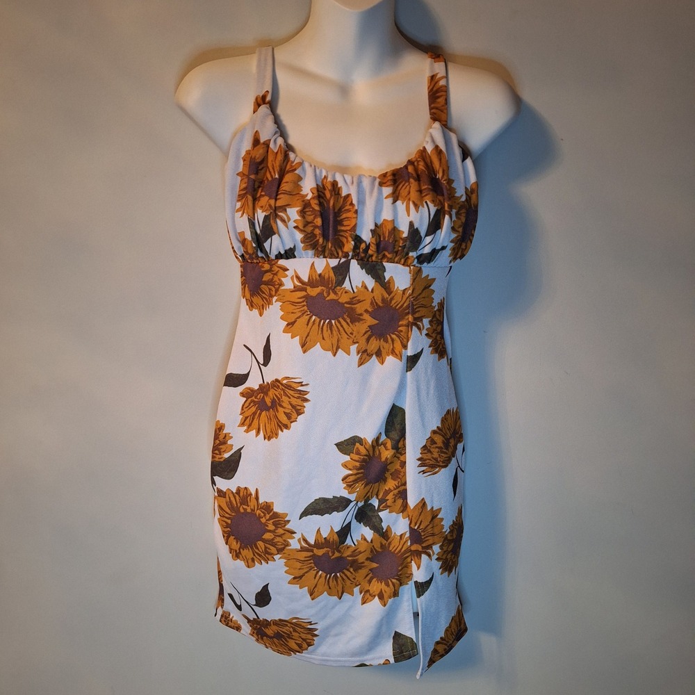 Missguided Sunflower Print Ruched Top Mini Dress White Floral Bodycon Size US 4